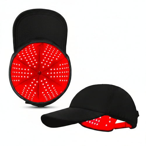 Black cap with red LED interior, showing before and after hair growth results.