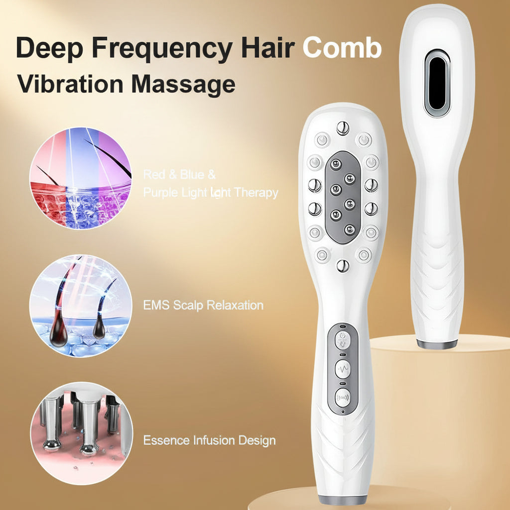 White deep frequency hair comb with vibration massage and light therapy features, shown from two angles on a dark blue background with feature callouts.