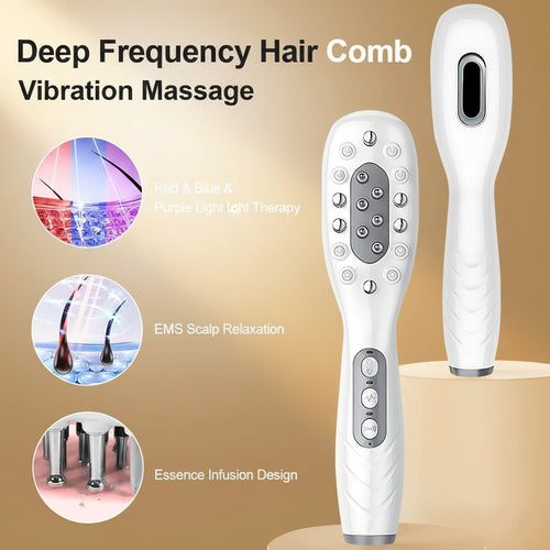 White deep frequency hair comb with vibration massage and light therapy features, shown from two angles on a dark blue background with feature callouts.