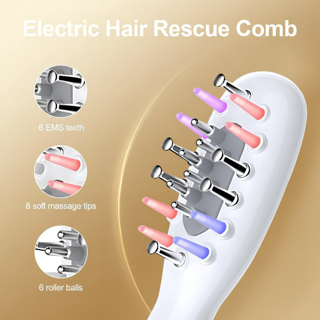 Electric hair comb with massage tips and roller balls on a dark blue background