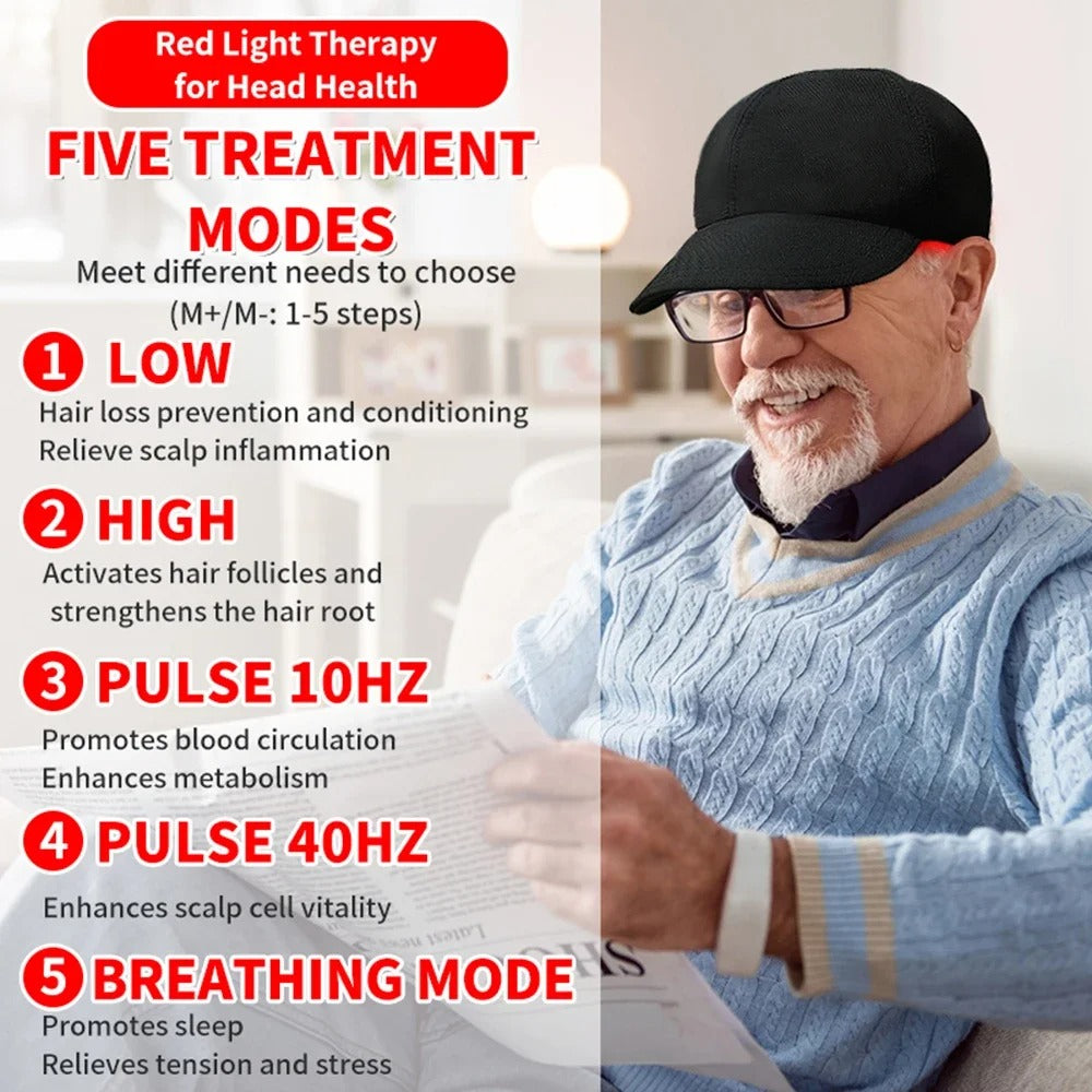 Man using a red light therapy device with text detailing five treatment modes on a blurred indoor background.