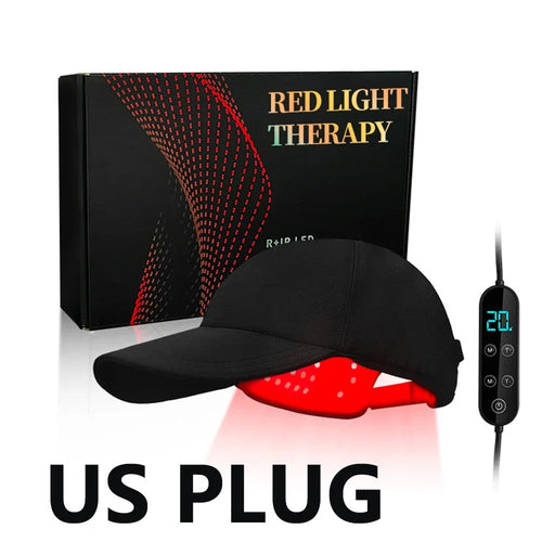 Red light therapy cap with control device and packaging on a white background