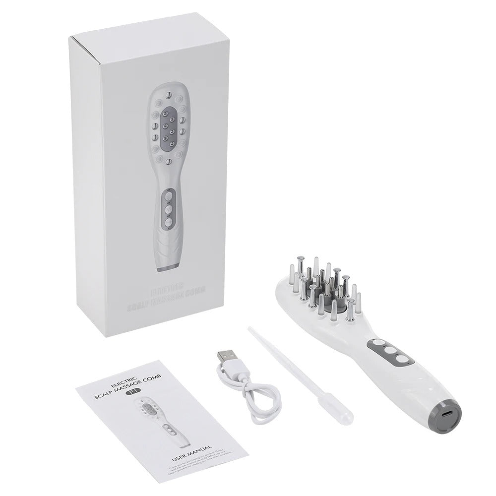Electric scalp massager with packaging, user manual, and accessories on a white background